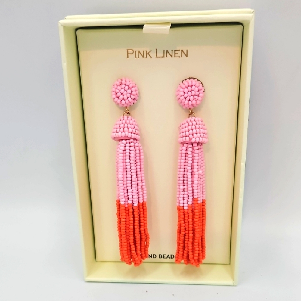 Pink Linen Pink and Orange Beaded Tassel Earrings